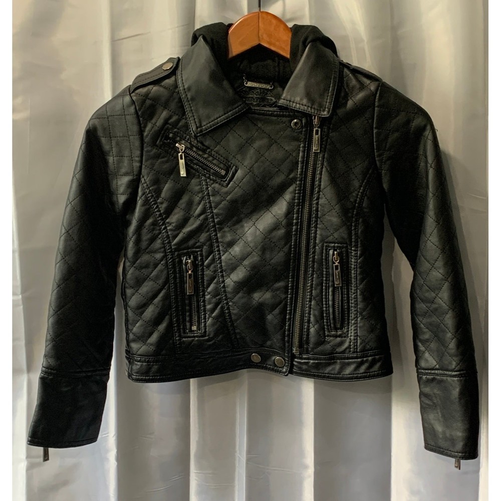 JouJou Girl's Size M Faux Leather Full Zip Black Moto Biker Multi Pockets Jacket